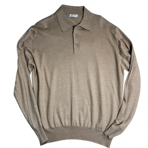 Gran Sasso NWT Mens Tan Wool Cashmere Silk Polo Sweater Made in Italy